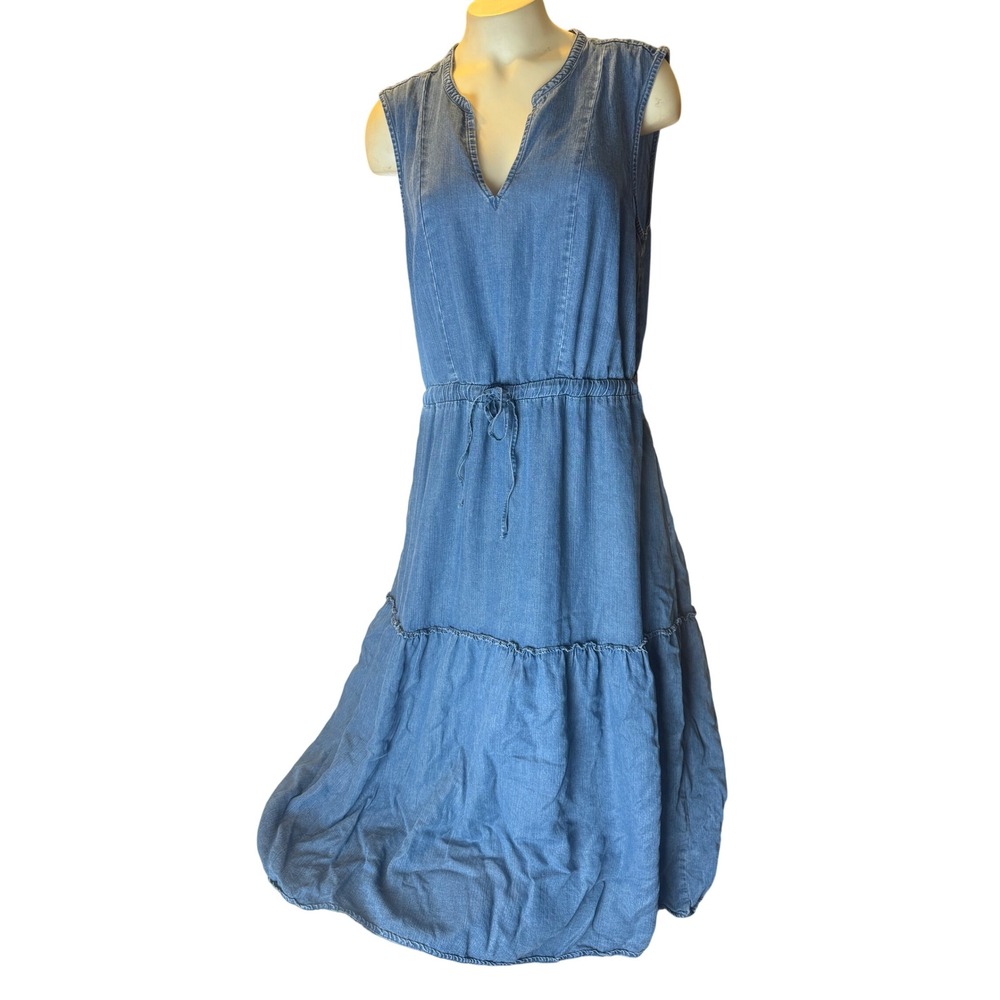 Lands' End Chambray Tiered Maxi Dress L Coastal Cowgirl Cottagecore Denim